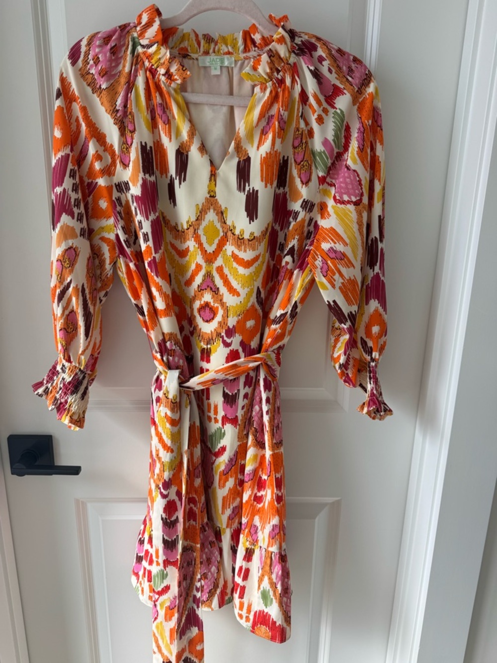 Jade Multicolor Ikat Print Belted Dress — Orange, Pink, Yellow, Green